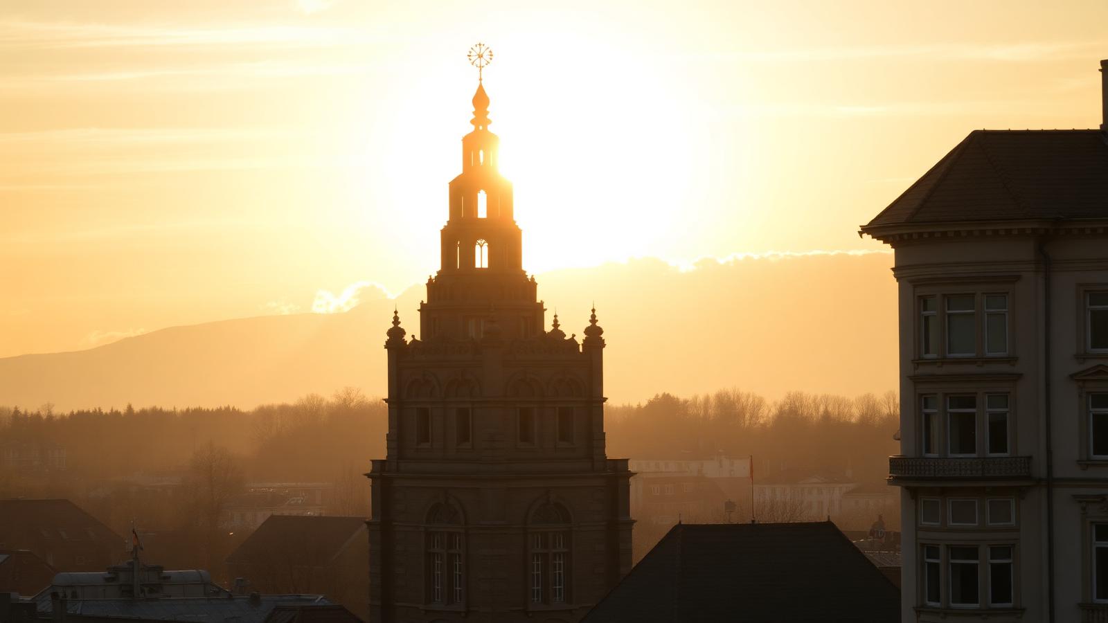 Silhouette of Darmstadt's inner city in golden evening light
