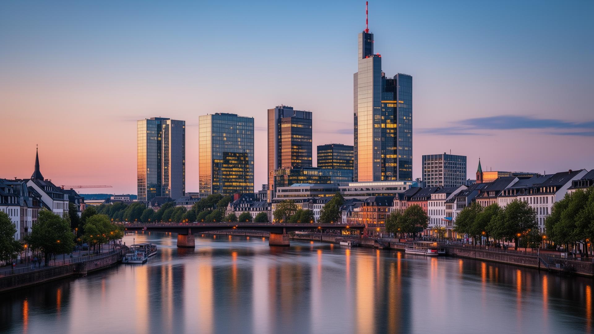 Moderne Skyline von Frankfurt am Main bei Sonnenuntergang