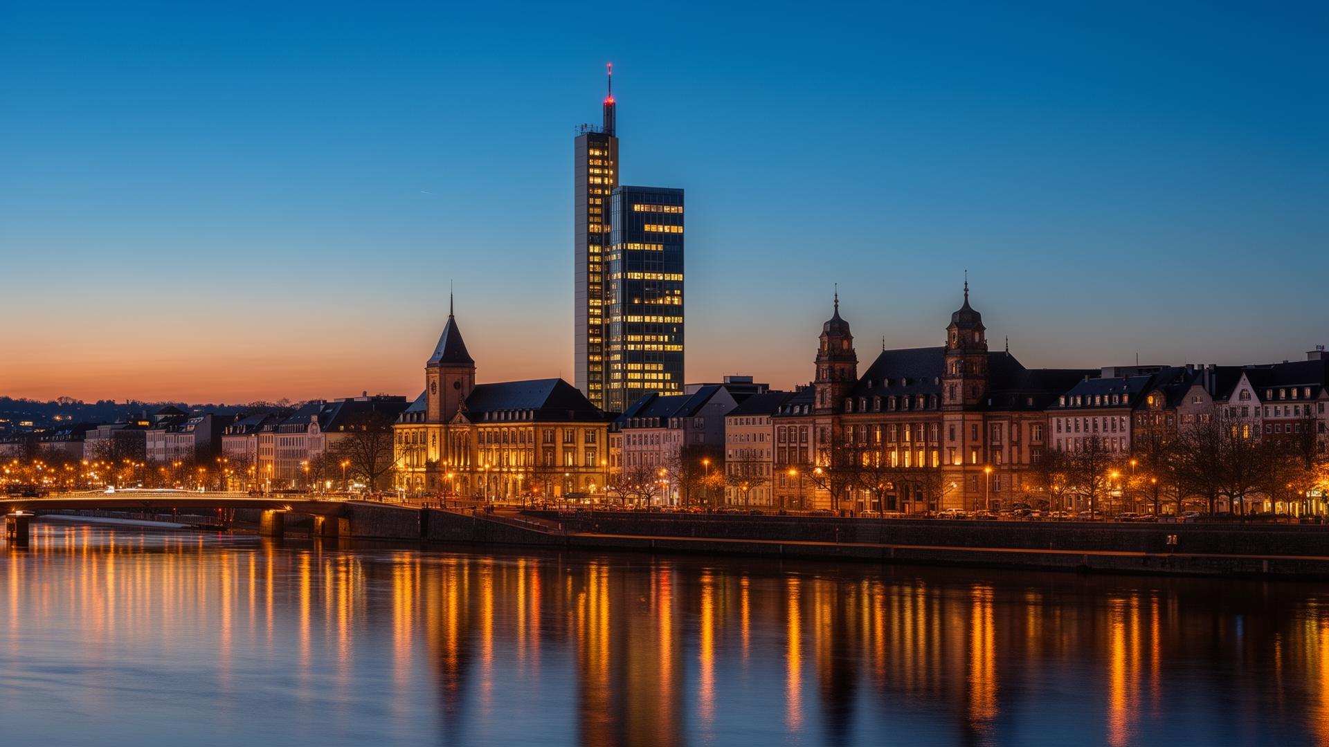 Skyline of Offenbach am Main with the Capitol Tower and historic Büsingpalais